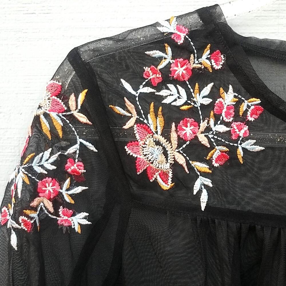 Embroidered Floral Black Sheer Bell Sleeve Top 3/4 Sleeve - Picture 4 of 10